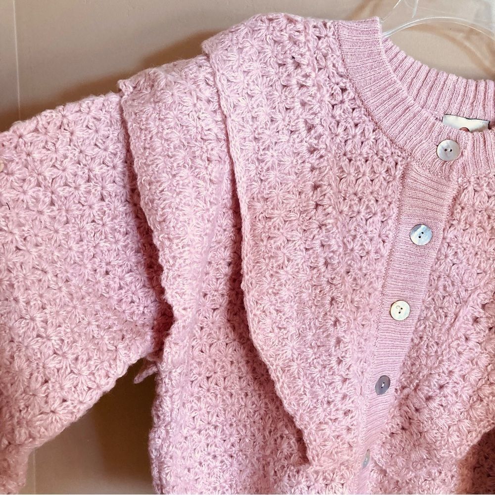 SOLD FARM Rio Pink Flower Texture Knit Cardigan Sweater Button Ruffle Size L - Picture 9 of 16